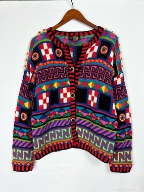 Vintage Lisa Nichols Knit Art Color Button Up Sweater Size S Checkered Multi